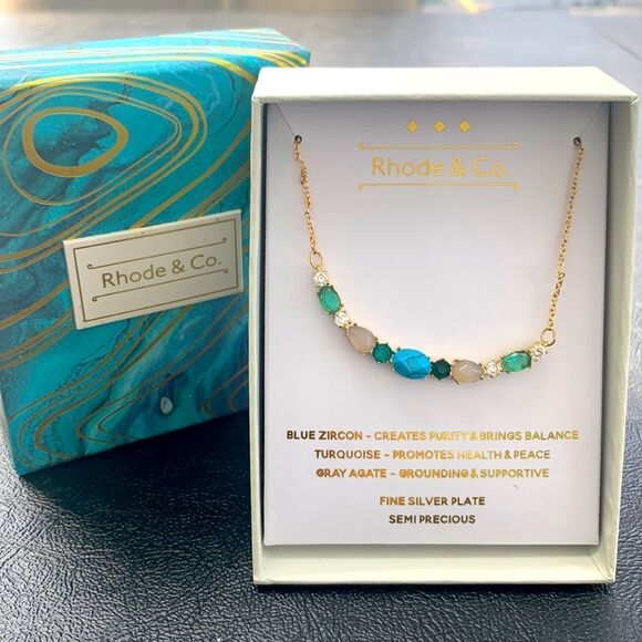 Turquoise, Agate & Zircon Gemstone Necklace – Silver Tone – Rhode & Co – 16–18” - Picture 1 of 6